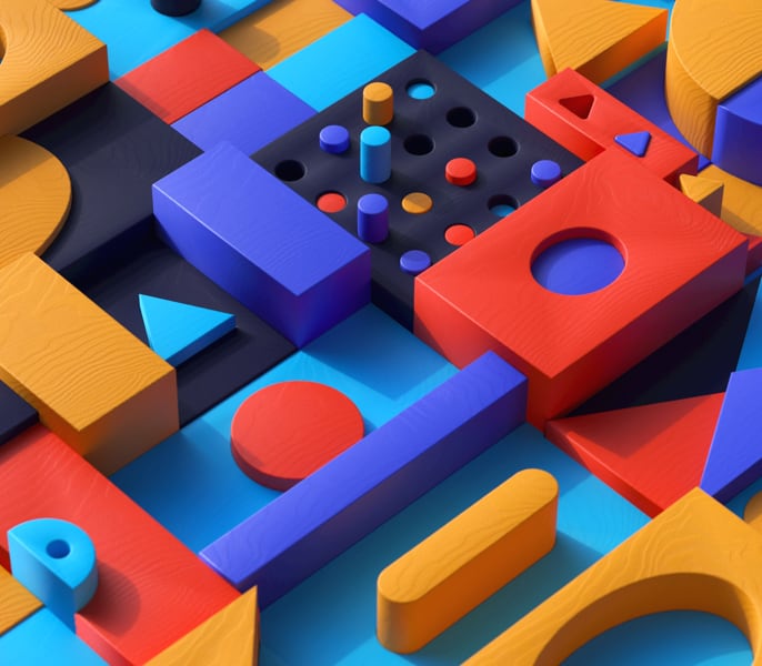 Bright colored interlocking blocks of different shapes and sizes